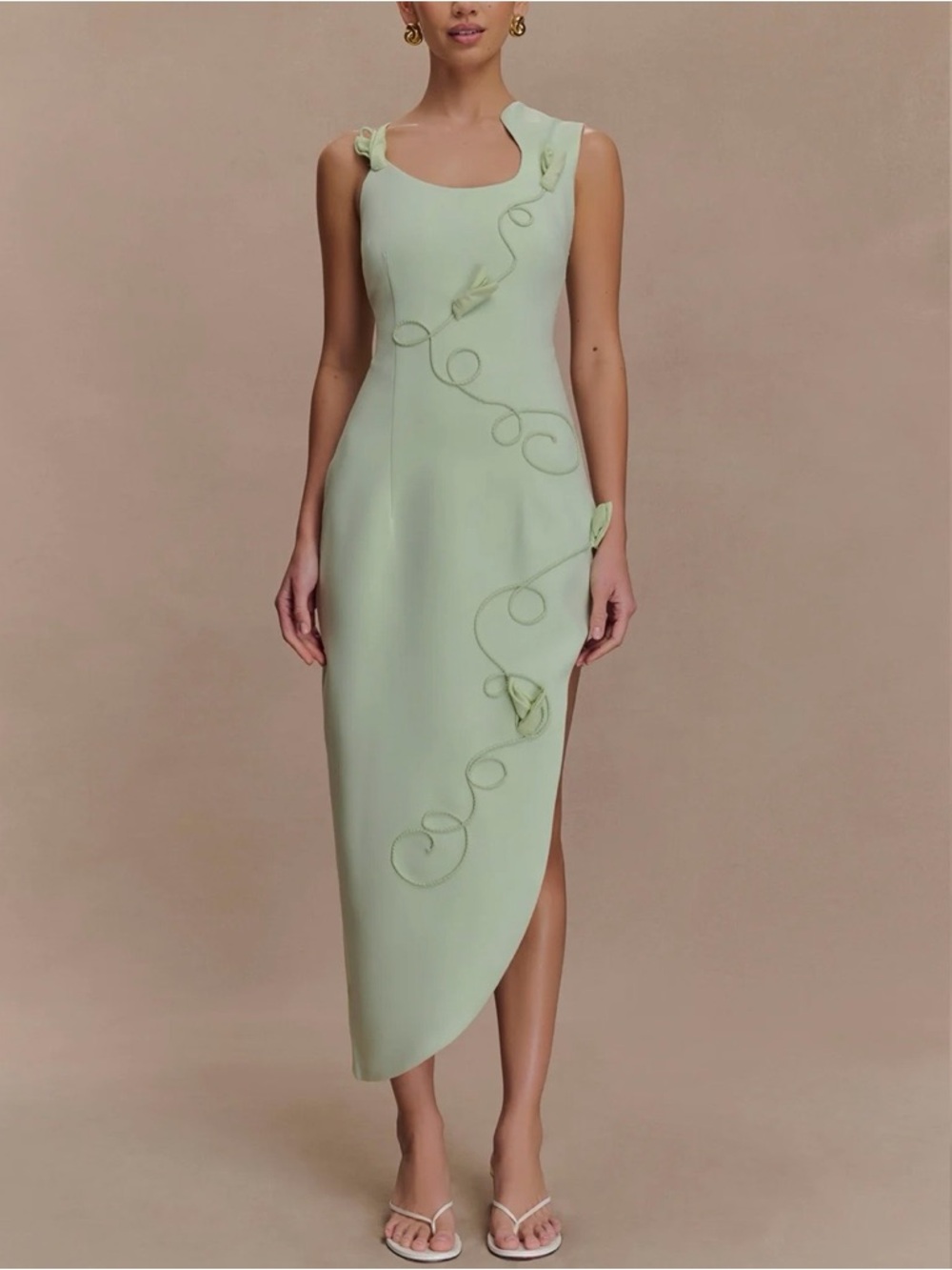 Sage Green 3D Floral Midi Meshki Dress with Stylish Slit
